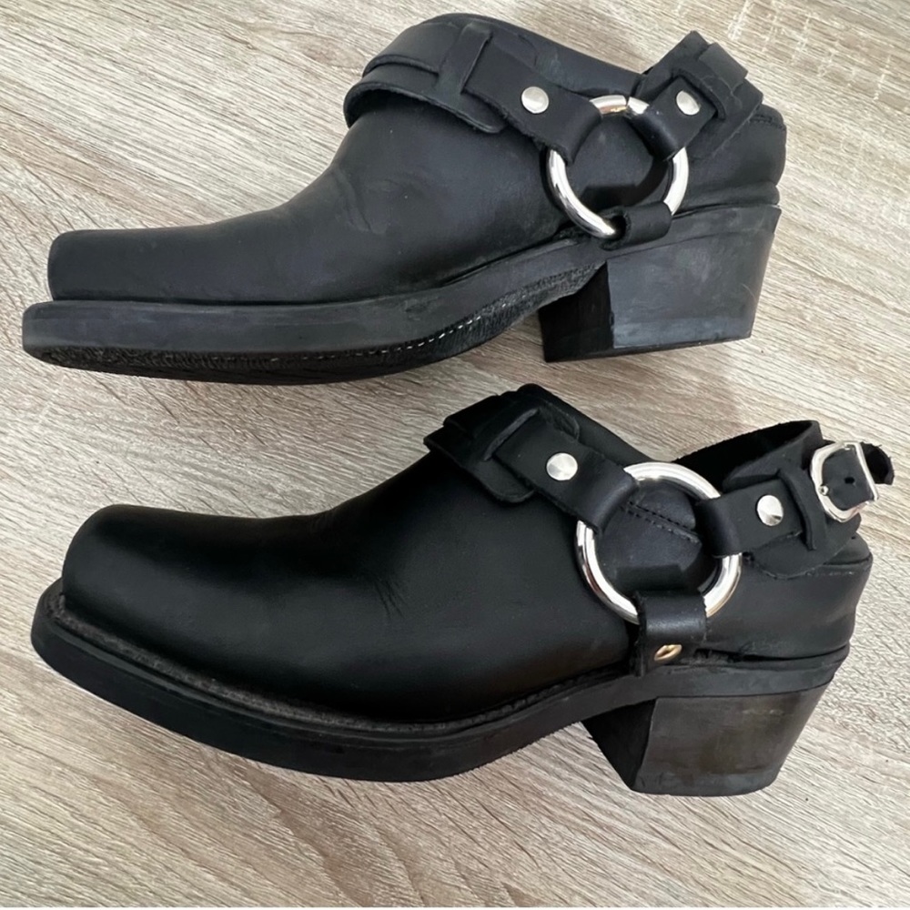 Frye Black Leather Mules with Silver Accents
